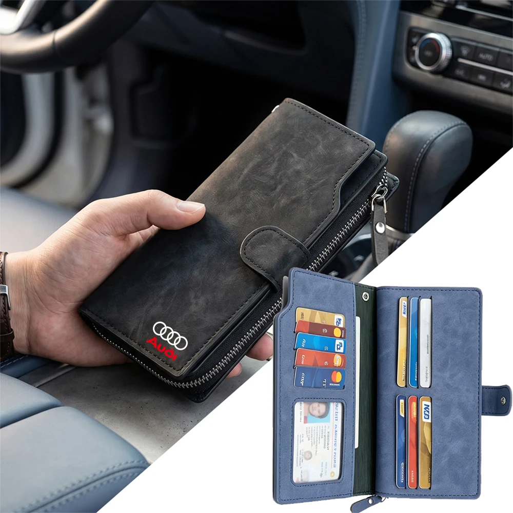 

1pc Suede Leather Long Wallet Hasp Card Holder Vintage Zipper Purse For Audi Sline TT A1 A2 A3 A4 A5 A6 Valve Cap Accessories