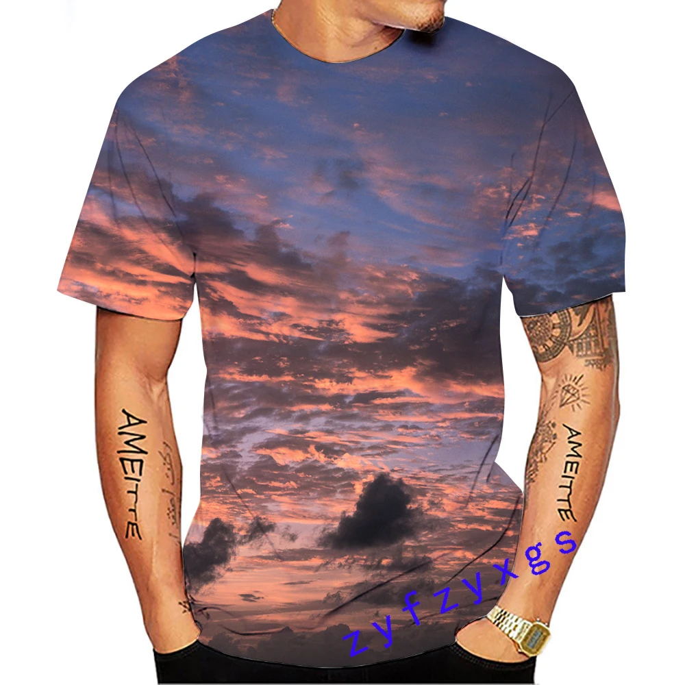 New Summer Tide Cloudy Sky Picture Men T-Shirts  Casual 3D Print Tees Hip Hop Personality Round Neck Short Sleeve  Tops