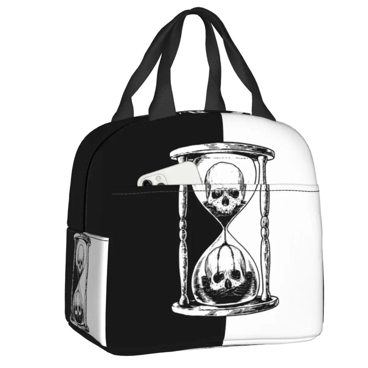 Black And White Unus Annus Thermal Insulated Lunch Bag Memento Mori Ethan Mark Hourglass Portable Lunch Container Food Box