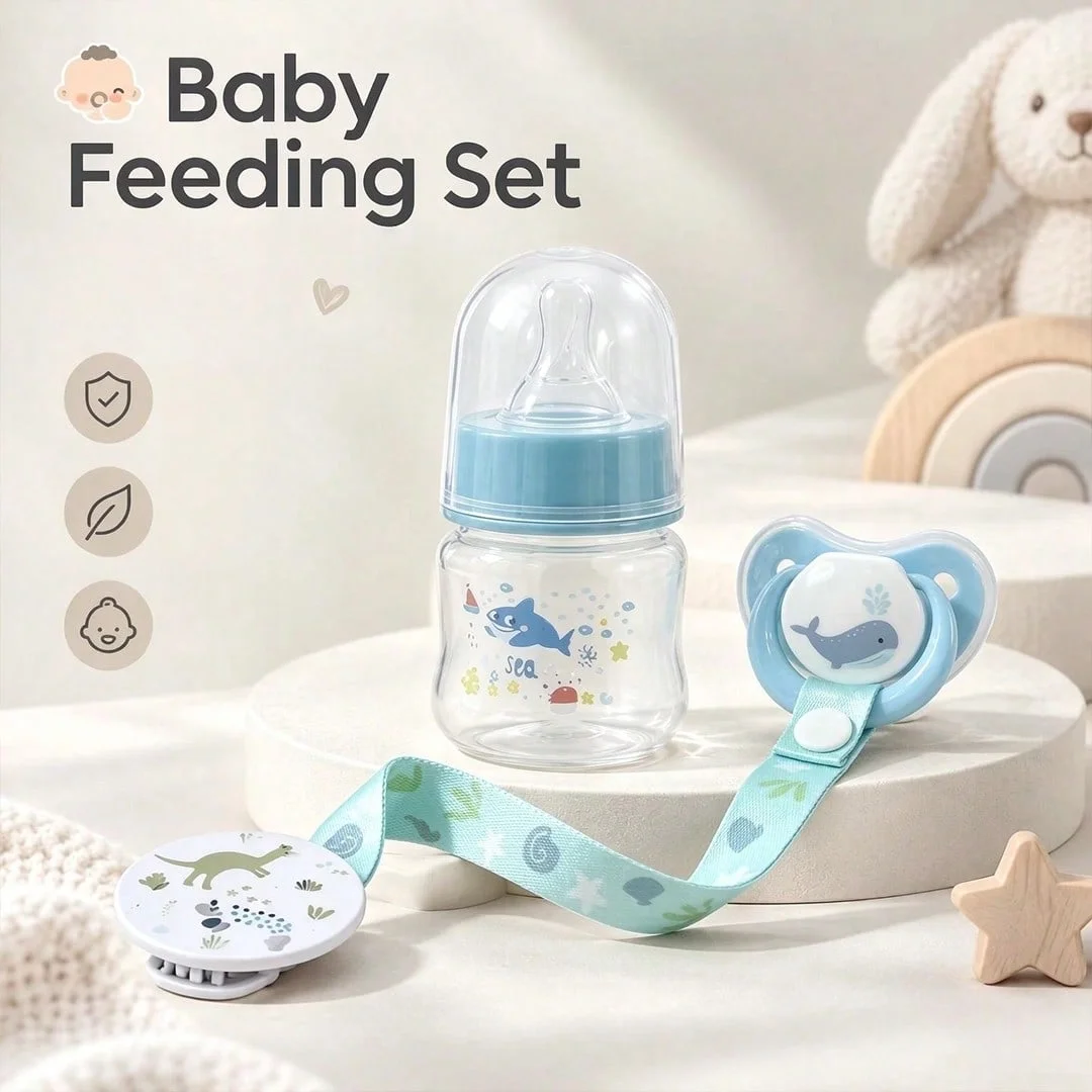 New 3pcs Baby Feeding Set, Including 50ml Baby Bottle, Pacifier and Pacifier Chain Clip, Newborn Gift Feeding Bottle Set