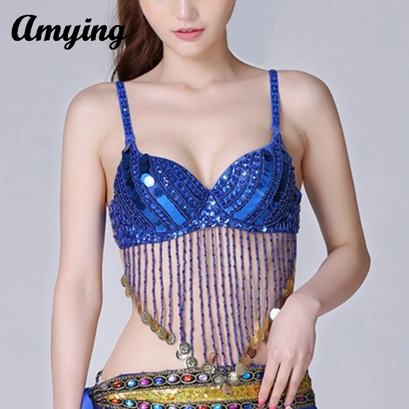 Sexy Dance Bra Women Hanging coins Bra Belly Dance Costume Performance Sequin Adjustable Beaded Top Club Festival Carnival Bra