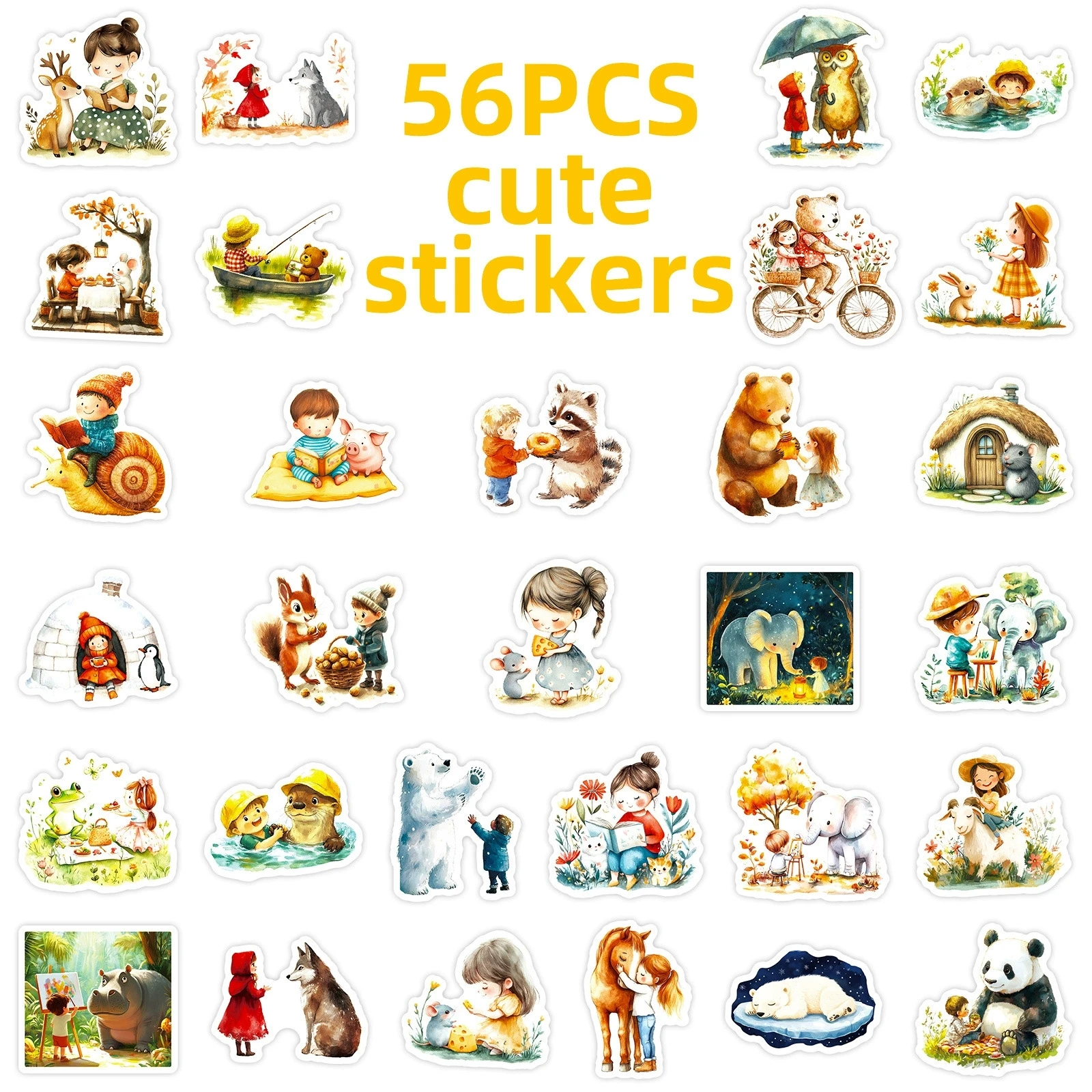 56PCS Cute Cartoon Animal World Hedgehog Mouse Fox Stickers & Fairy Tale Forest Animal Decoration Waterproof Stationary Stickers