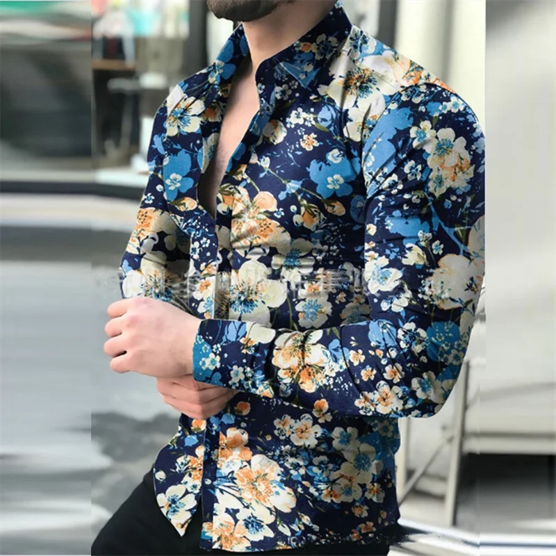 Men\'s long-sleeved Hawaiian personalized casual fashion design floral printed soft and comfortable lapel shirt