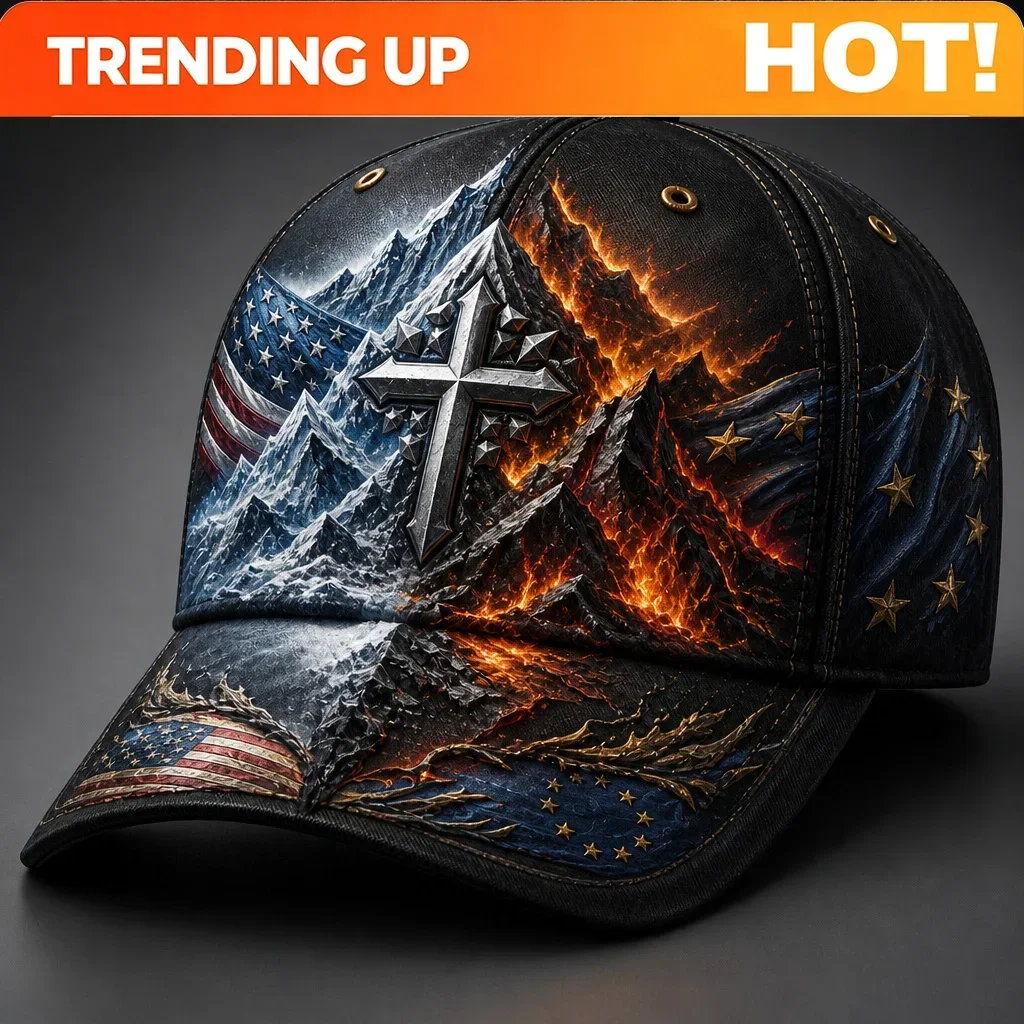 Customization Hats Vintage Cross And Mountain Trucker Hat, Ice-Fire Split Design With Flag-Inspired Accents, Weathered Black Bas