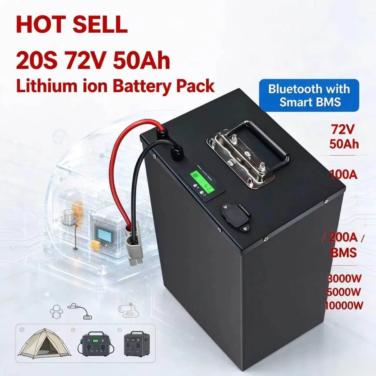 20S 72V 50Ah 50A Lithium ion battery Pack li-ion with 100A 200A smart Bluetooth BMS 3000W 5000W 8000W 10000W Camping Gear
