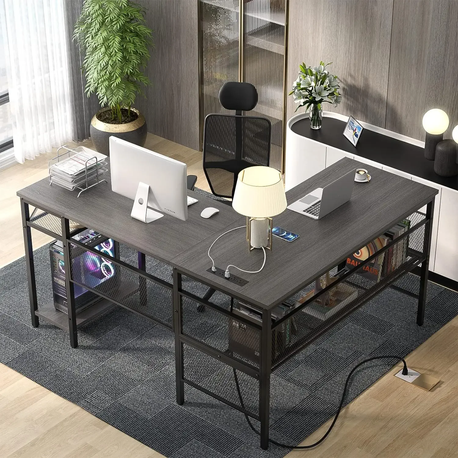 Unikito L Shaped Desk, Reversible Corner Computer Desks with Power Outlet and USB Charging Port, L- Shaped Office Desk with Stor