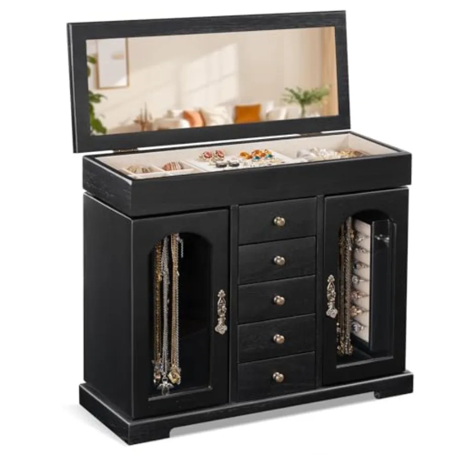 Jewelry Box for Women Girls Wooden Jewelry Organizer Box with Mirror 5 Layer Jewelry Storage Case Display for Necklaces Earring