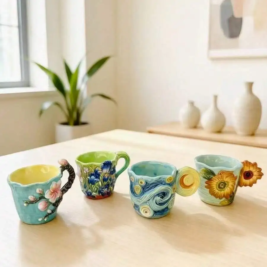 4pcs Van Gogh series embossed ceramic Italian coffee cups, hand-painted creative kung fu tea cups with iris, starry sky, sunflower, and almond blossom designs, gifts for Mother's Day, Valentine's Day, Christmas, and birthdays