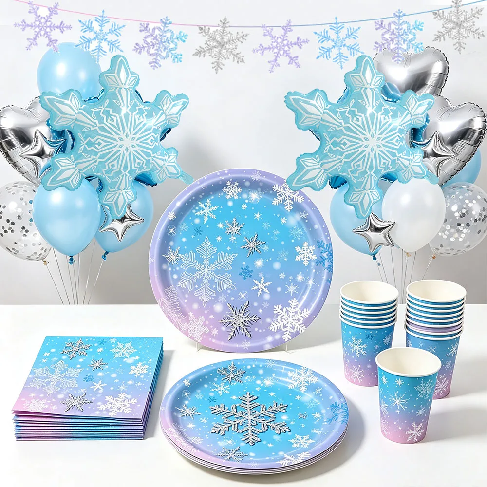 Frozen Snowflake Partyzubehör, Farbverlauf-Schneeflocken, Einweg-Pappteller, Becher, Servietten, Schneeflocken-Banner, Winterwunderland-Geburtstag