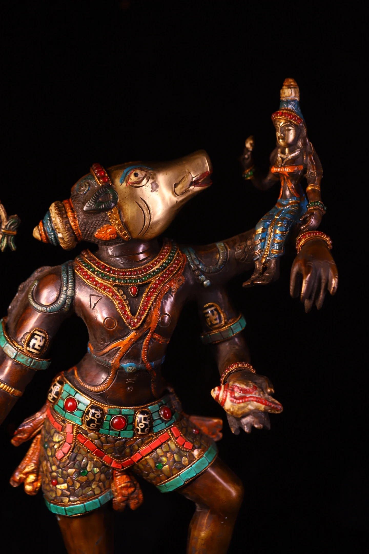 Old Lima Copper Bronze Mosaic Gem gZi Beads Turquoise Shell GANESH Standing Buddha Elephant Head God Lotus Buddha Terrace