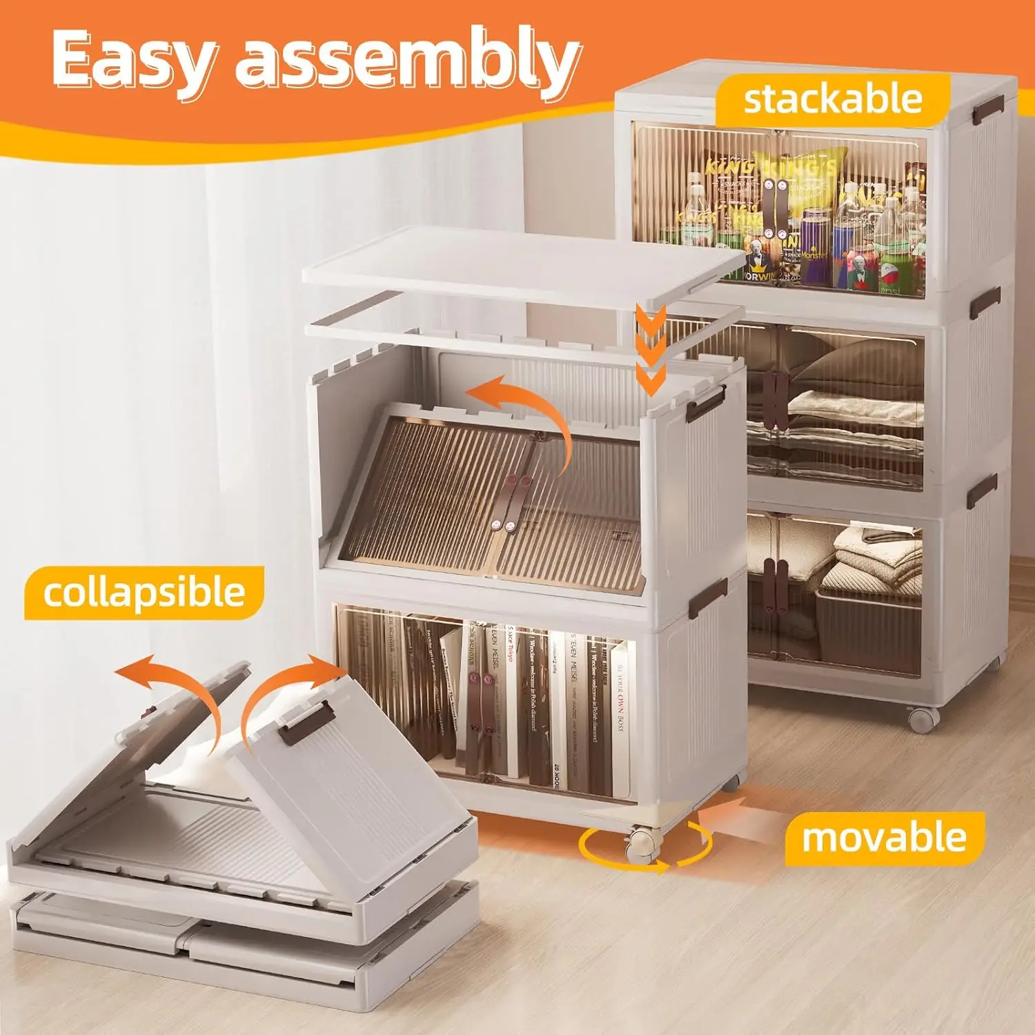 

Collapsible Storage Bins with Lid - 9 Gal 4 Pack Plastic Stackable Magnetic Closure Folding Storage Bins Organizer with Wheels