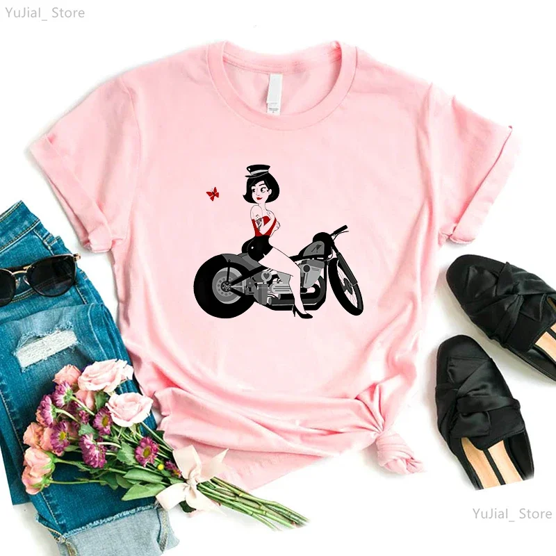 Fashion Girl Loves Motorcycle Printed T Shirt Women'S Clothing Cool Casual Pink/Green/Gray/Yellow Tshirt Femme Summer T-Shirt