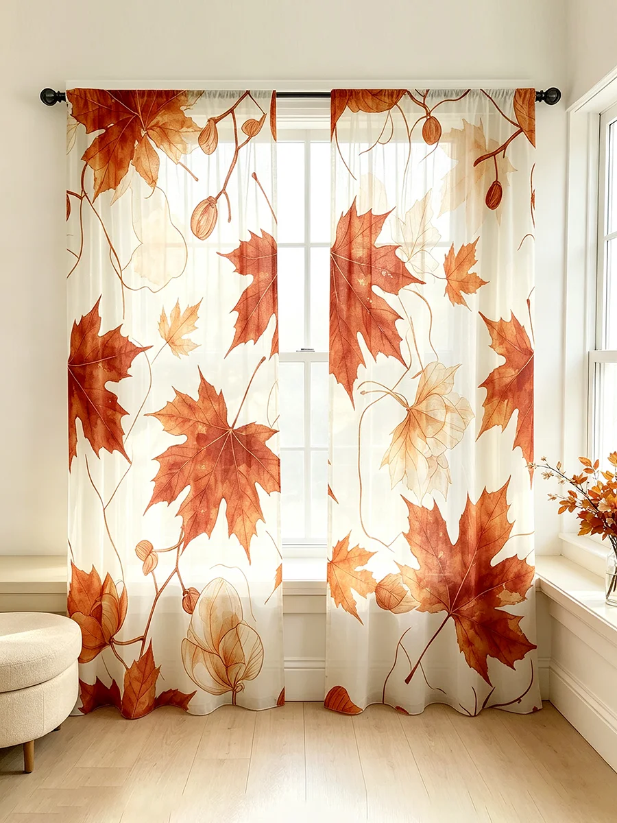 2PCS sheer curtains, maple magnolia watercolor prints, autumn decor, soft HD print for cozy Korean fall bedroom home decor