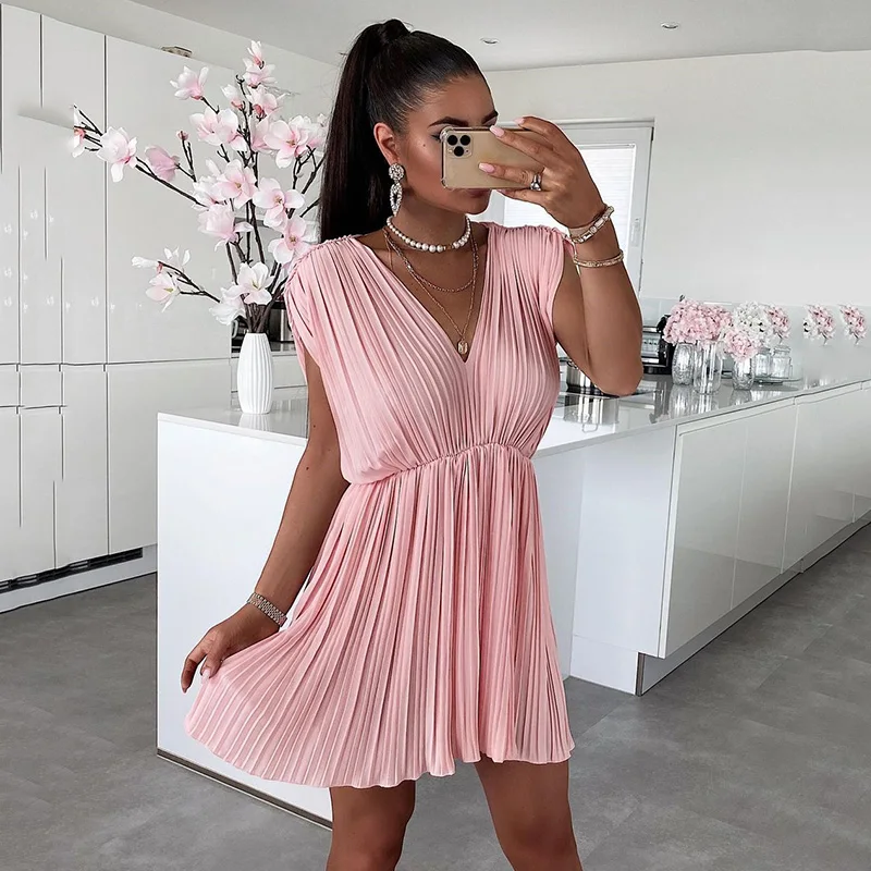 

Ardm Elegant V Neck Pleated Beach Summer Mini Dresses For Women Fashion Backless White Party Dress Casual Office Ladies Vestido