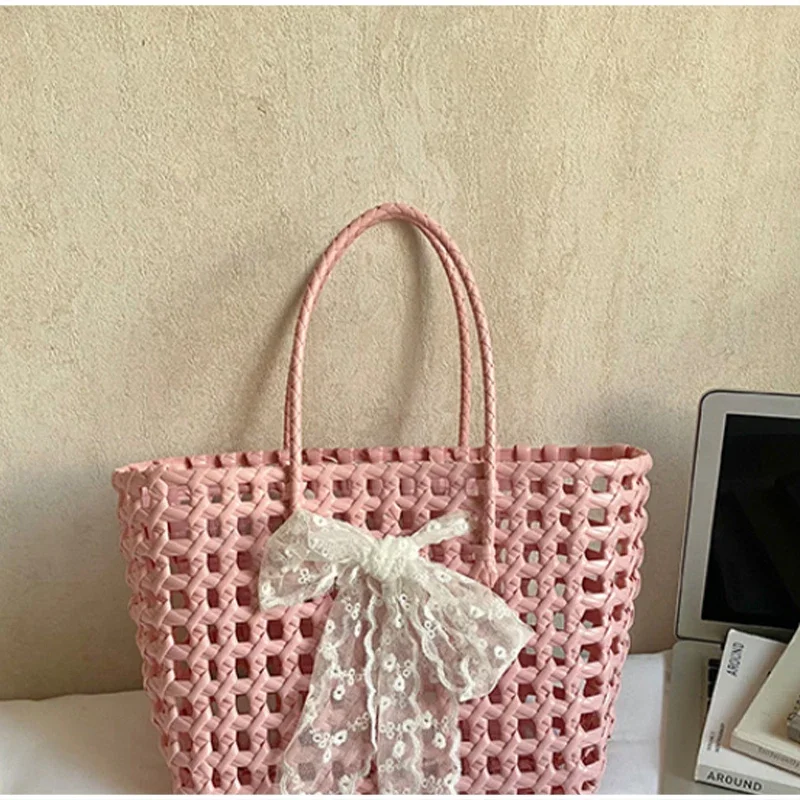 Koreanische Hohlgeflochtene Schleifen-Handtasche, Süße Einfarbige Gemüsekorb-Tasche, Lässige Vielseitige Schultertasche mit Großer Kapazität, Neu – Detail 14
