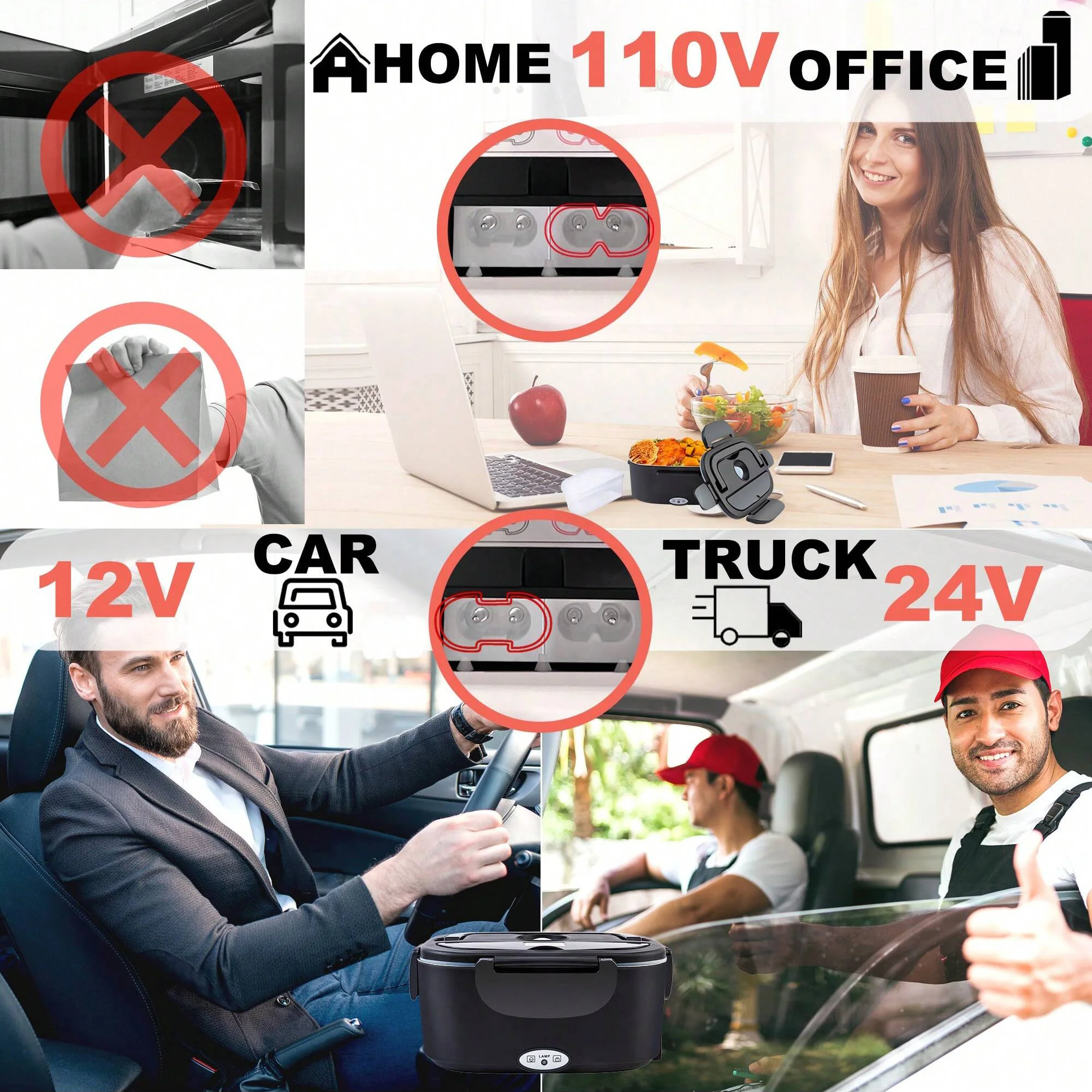 100W Electric Heating Lunch Box 1.5L, 304 Stainless Steel Portable Food Warmer Heater with Insulated Carry Bag, Spoon & Fork, Dual Use for Car 12V / Home 110V Office Travel Meal Container view 6