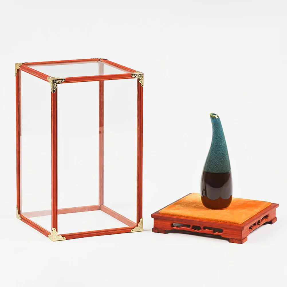 Buddha Statue 14x14x19cm Glass Case Desktop Display Rack Decorative Wood Frame Decorative Box Collectibles Storage Container