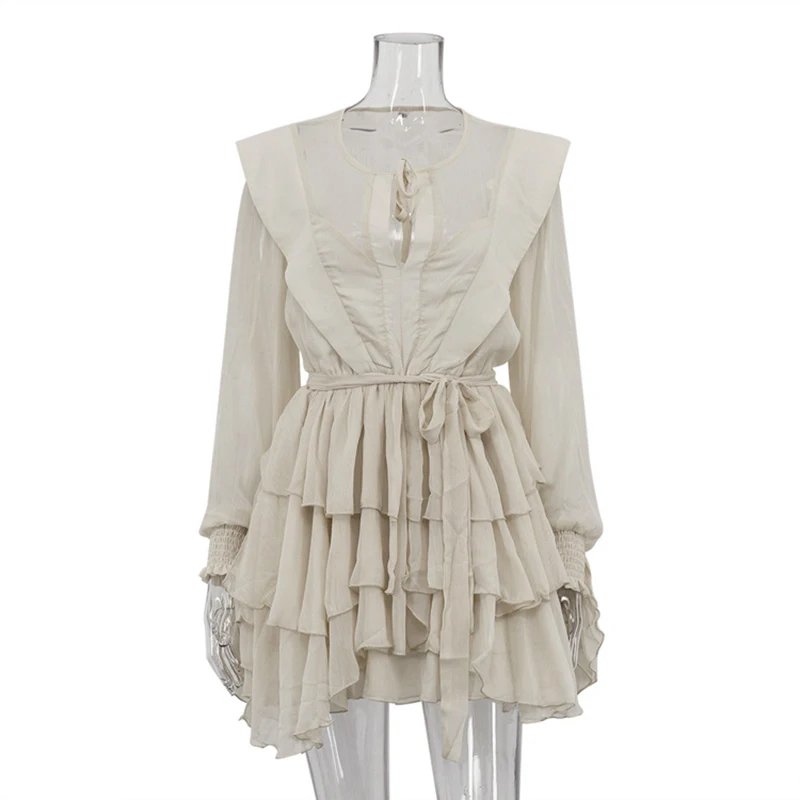 Moda malha perspectiva em camadas vestidos primavera feminino mangas compridas rendas até vestido curto verão cintura alta casual magro mini vestido