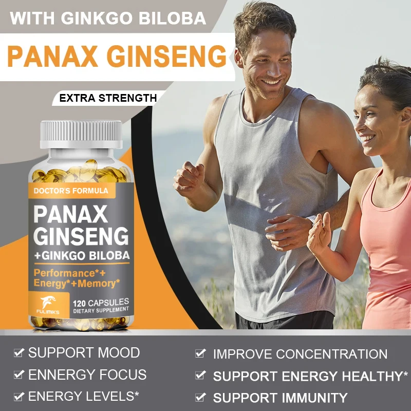 Vegan Korean Red Panax Ginseng with Ginkgo Biloba Capsules High Potency for Male Natural Health Supplement - Non-GMO-Gluten-free