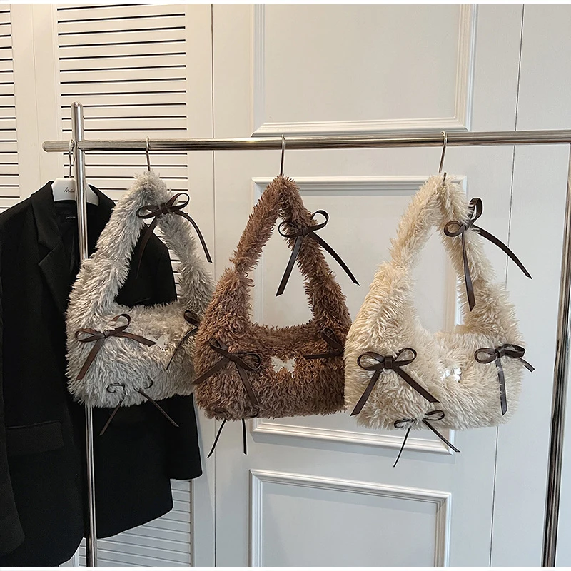 Flauschige Hobo-Schultertasche aus Kunstfell mit Schleife, minimalistische, lässige Handtasche mit Tragegriff für Damen, weiche Plüsch-Pendler-Tragetasche, Herbst/Winter – Detail 2