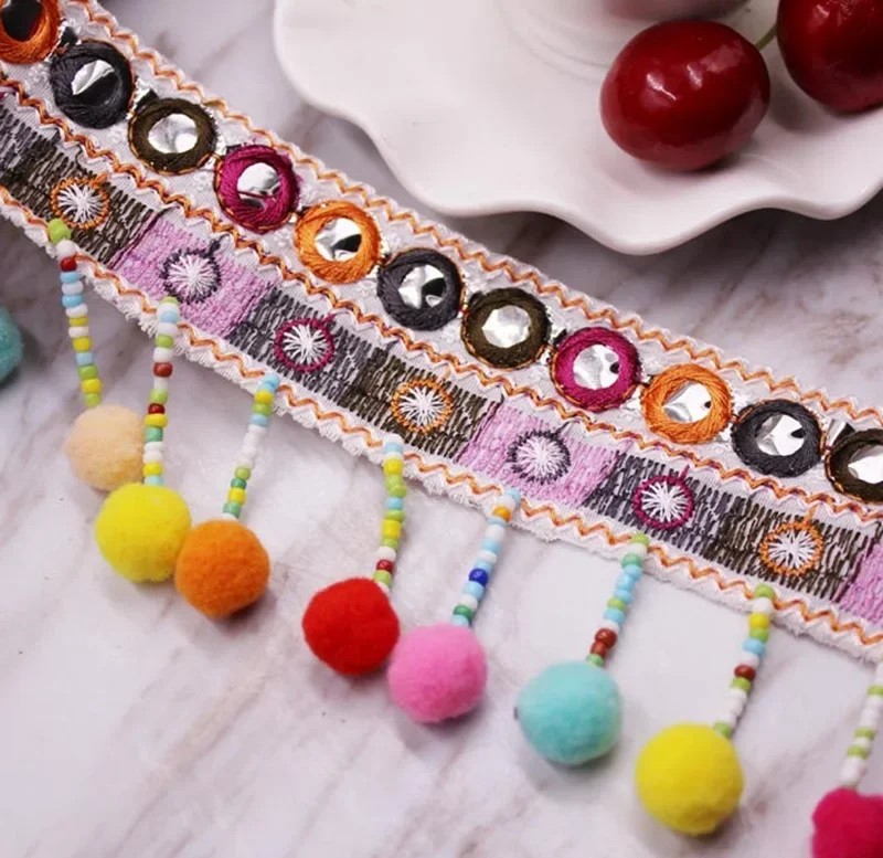 1 Yard/Los Ethnische Quasten-Stickerei-Spitzenborte Boho Handgefertigte Quastenborte für Kleidung, Accessoires, Stoff, Spitzenband, Borte – Detail 1