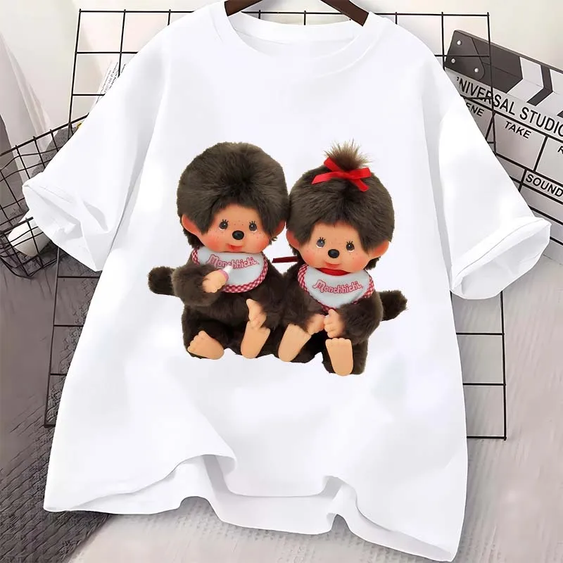 

Monchhichi Child Short Sleeve T Shirt Girls Summer Casual Crew Neck Top Cartoon Print Cotton Pullover Kawaii Kids Clothing Gifts
