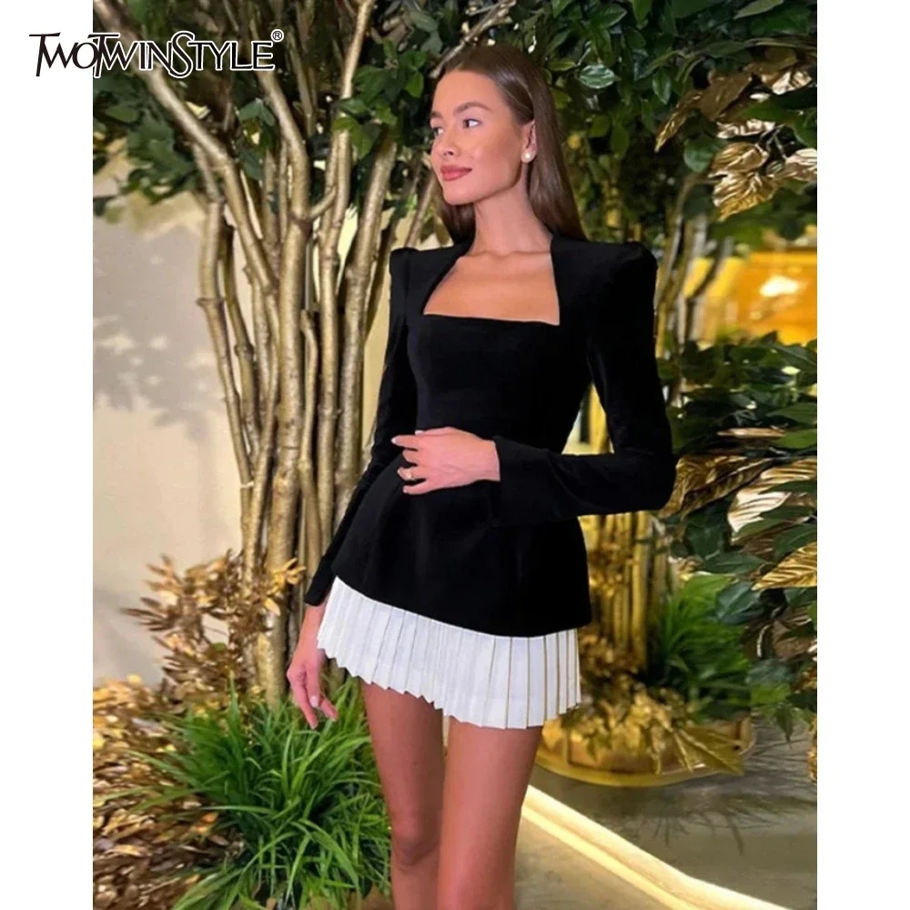 

TWOTWINSTYLE Hit Color Slimming Minimalist Dresses for Women Square Neck Long Sleeve High Waist Temperament Dress Female