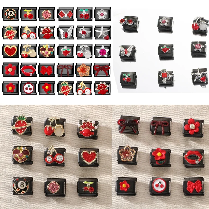 2025 New Original Black Red Stars Love Heart Bows Flower Italian Charm Link fit 9mm Stainless Steel Jewelry DIY Making Bracelets image 6