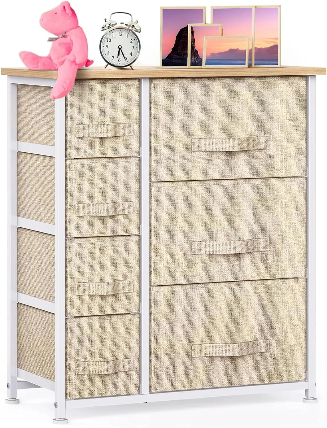 

7 drawer fabric dresser storage tower, dresser cabinet with wooden top and easy to pull handles, organizer unit closet, office