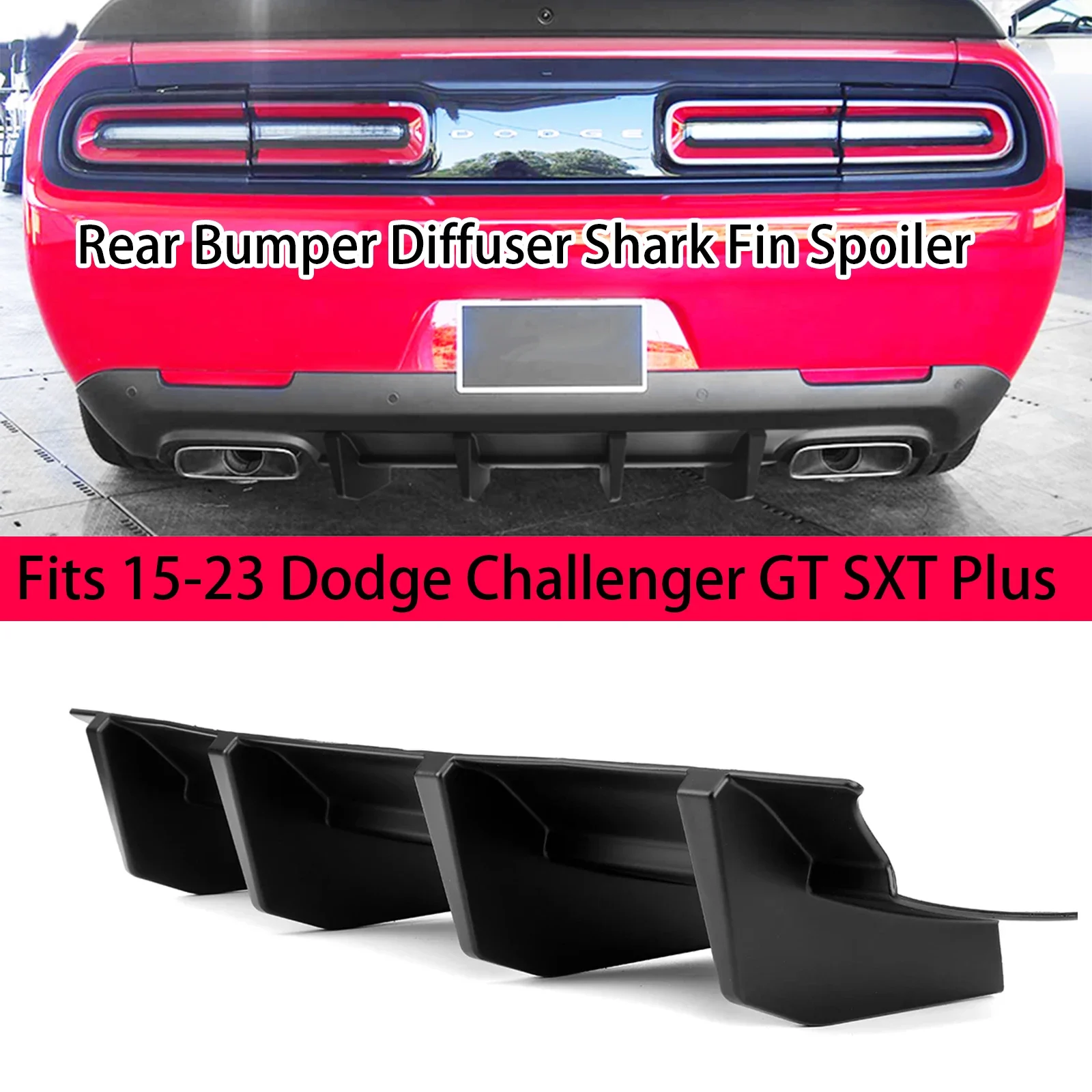 

Rear Bumper Diffuser Lip Splitter Shark Fin Spoiler For 15-23 Dodge Challenger GT SXT Plus Matte Black Glossy Black Accessories