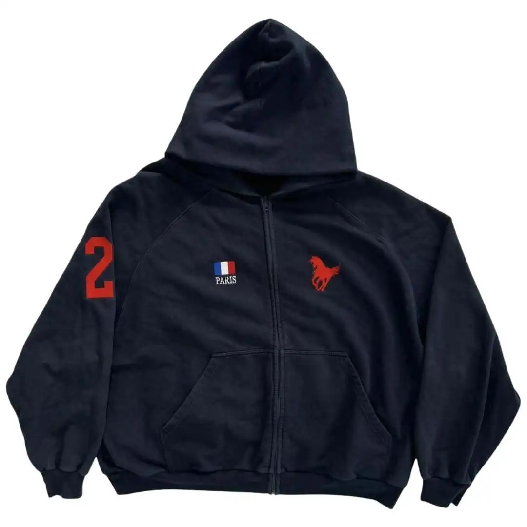 

New embroidered zipper hooded jacket, loose fitting men's and women's sportswear, loose fitting clothing, hip-hop style