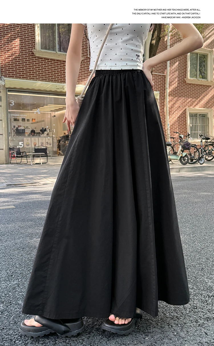 Spring Summer Women Black White Elegant Oversized Long Skirt French Fashion Brown High Waist Vacation Pleated Half Skirt Popular
