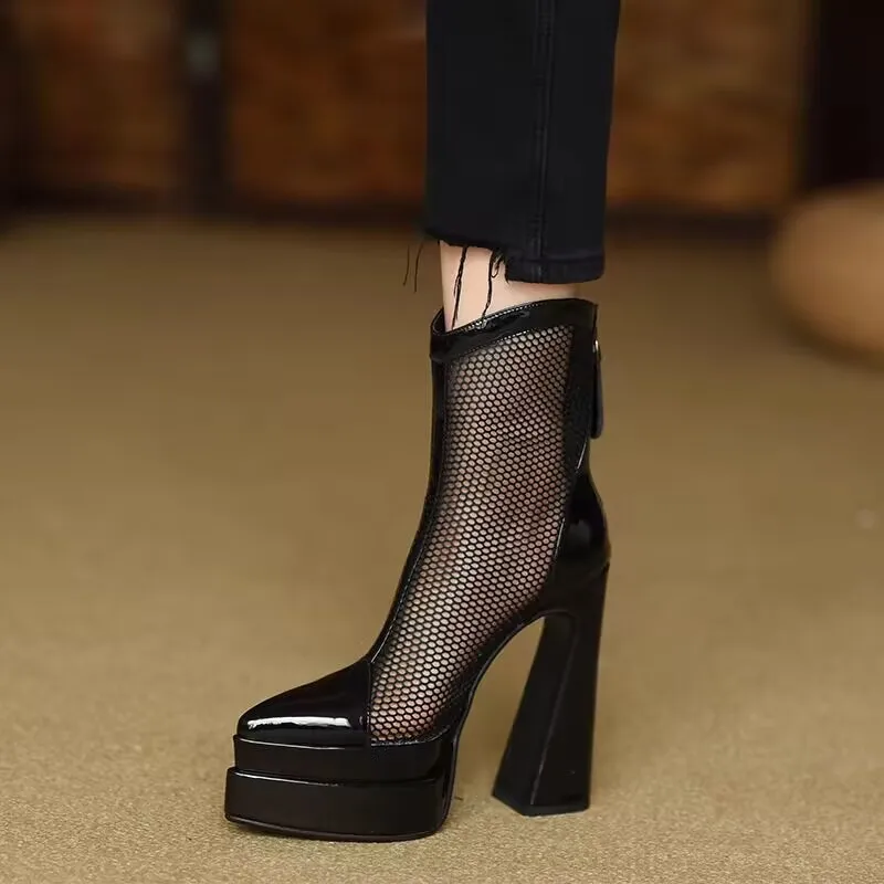 

Модные женские весенне-летние ботильоны на каблуке 12 см, тонкие, дышащие, из лакированной кожи, с острым носком, сетчатые