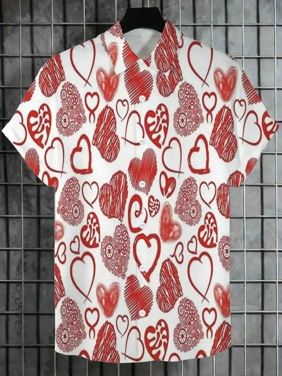 

Mens Red Heart Print Casual Short Sleeve Button Up Shirt Summer Beach Party Wear