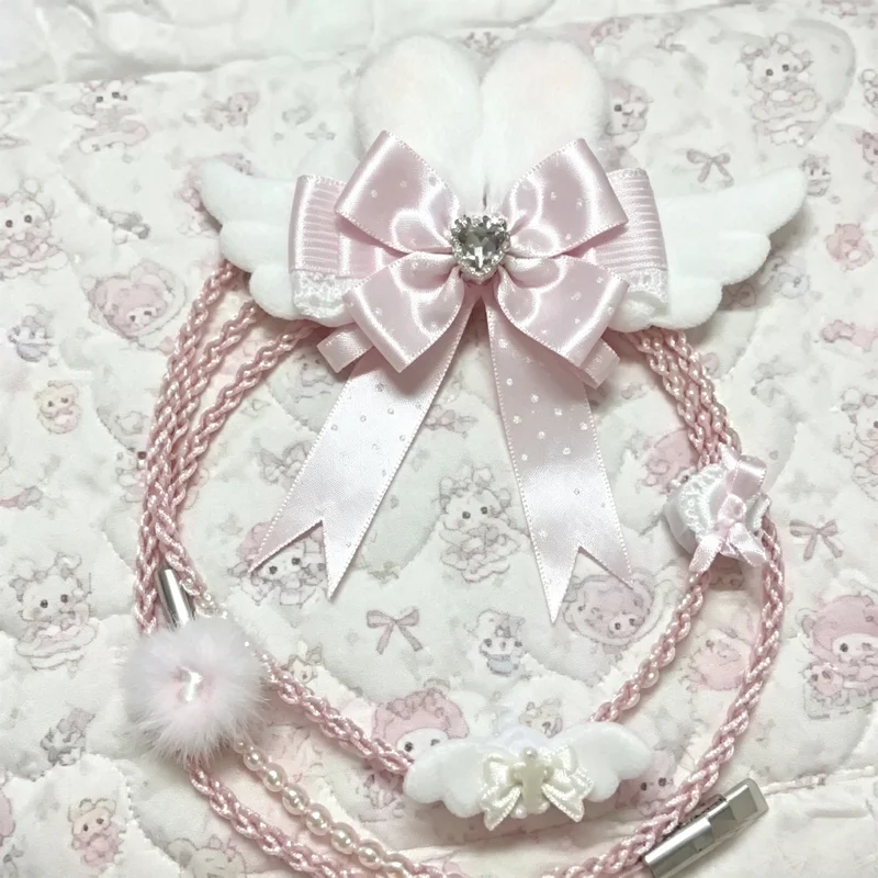 Diy Angel Bunny Wing Decor Aviator Keyboard Cable 1.3m Single Crystal Copper 8k  Pink Cutebraided Type-c Coiled Keyboard Cable