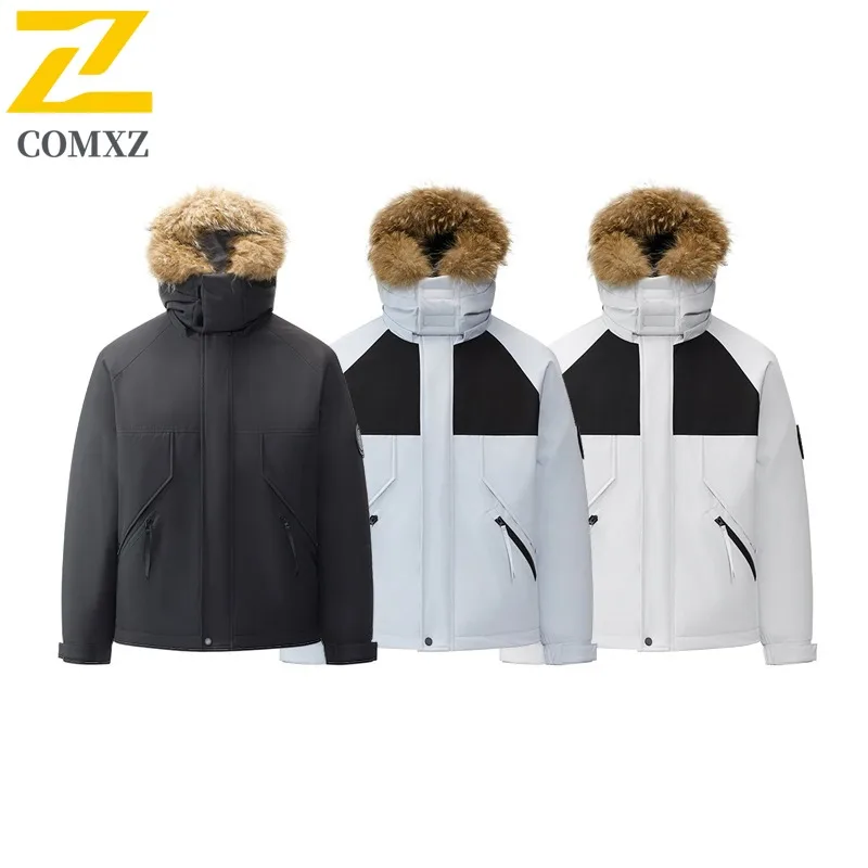 COMXZ Chaqueta ligera de plumón de pato blanco Cuello de piel con capucha Chaqueta acolchada de esquí de nieve a prueba de frío Ropa minimalista de viaje para hombres
