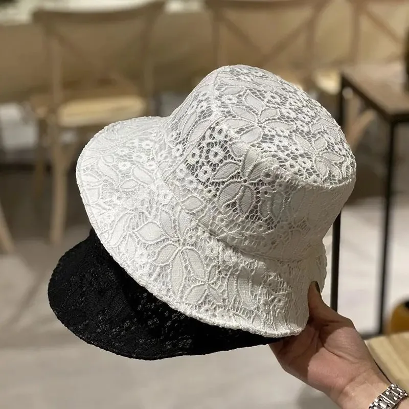 Summer Lace Bucket Hat Women Beach Sun Hats Seaside Vintage Elegant Caps Breathable Fisherman Cap