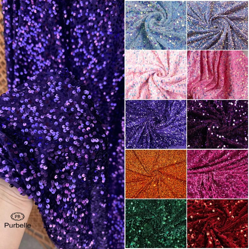 Purple 2-Way Stretch Sequins Velvet Fabric - Spandex Velour for Dance Wear, Costumes, Events Dress & DIY Sewing Material