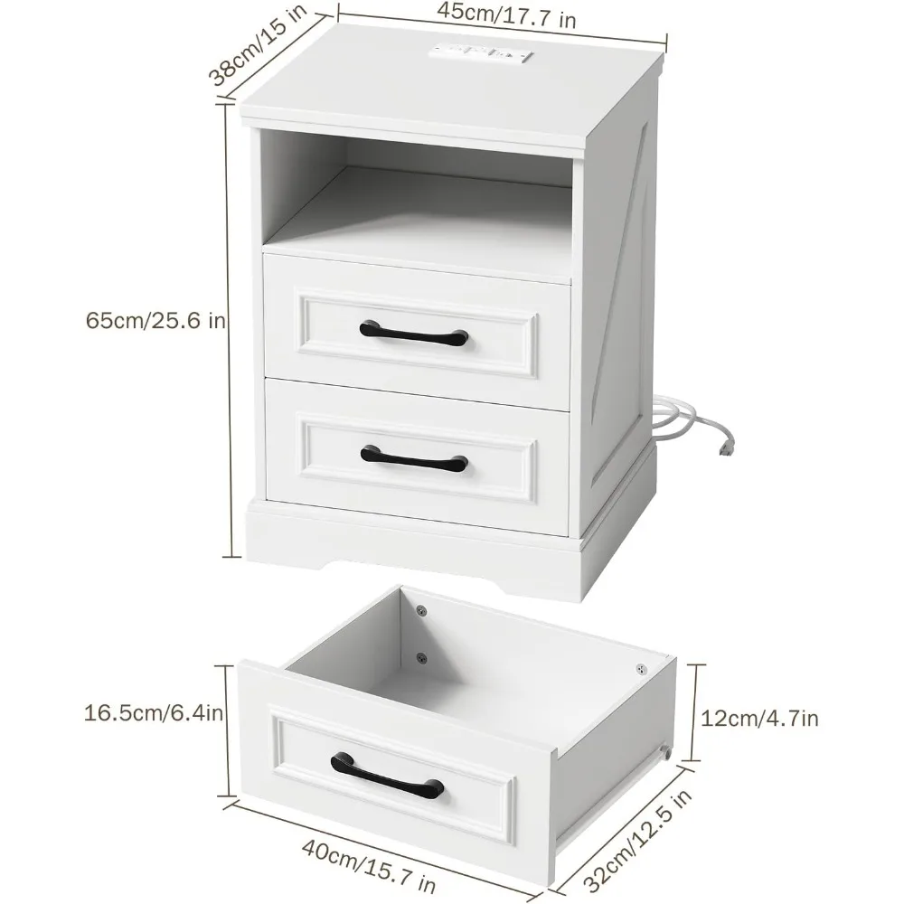 قطعتان من منضدة المزرعة مع قاعدة شحن، طاولة بجانب السرير من الخشب الريفي مع درجين ورف تخزين، حامل ليلي مع Ty