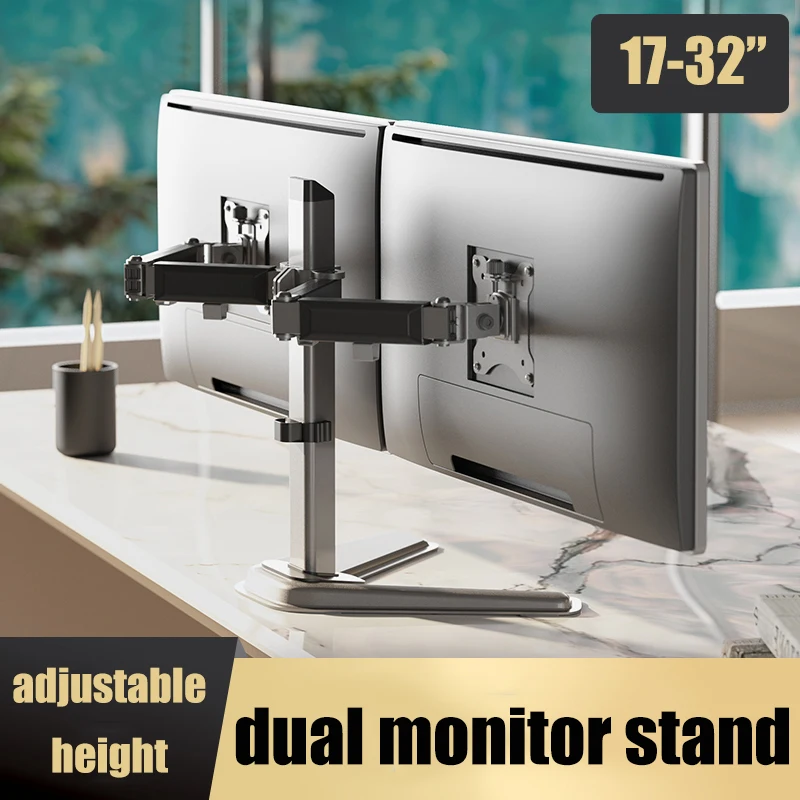 Computer Dual Monitor Holder Desk Adjustable Display Stand for 17-32 Inch Screen Desktop Iron Mount