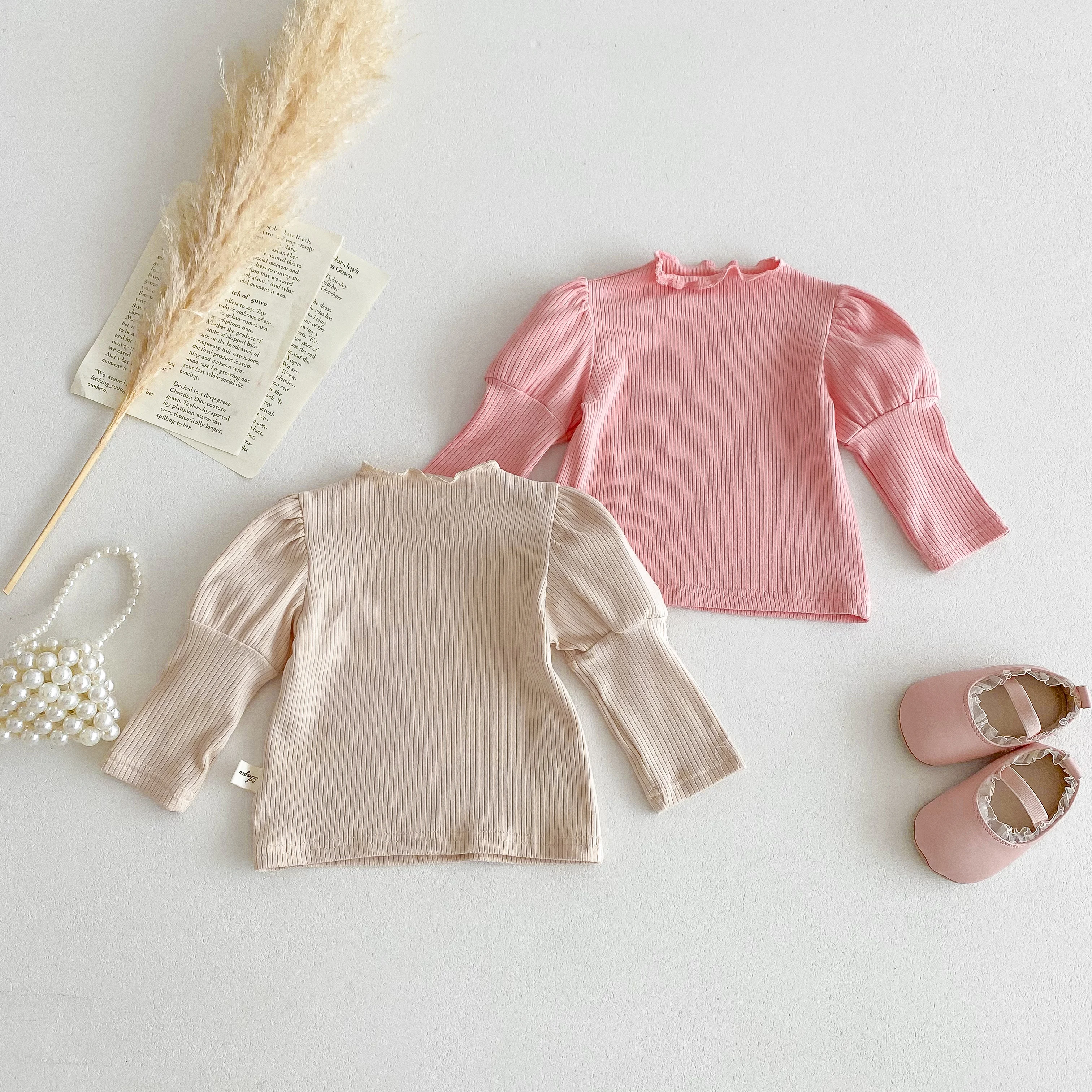 Baby Mandarin Collar Ruffled Puff Sleeve T-Shirt, Korean Style Girls' Top, Baby Girl Autumn Underwear
