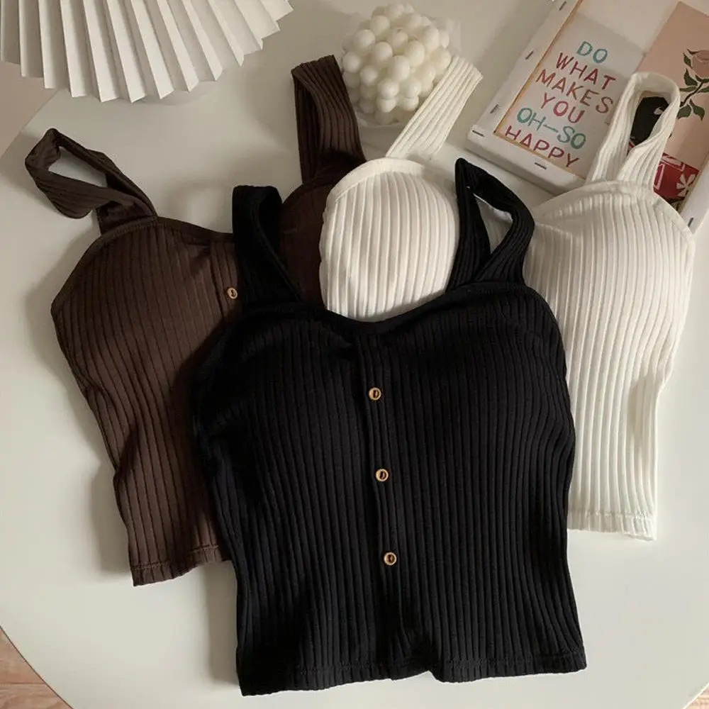 

Women's Ribbed Tank Tops Y2K Cropped Tops with Bra Pads Knitted Button Down Suspenders Vest Sexy Camisole Female Short Tops