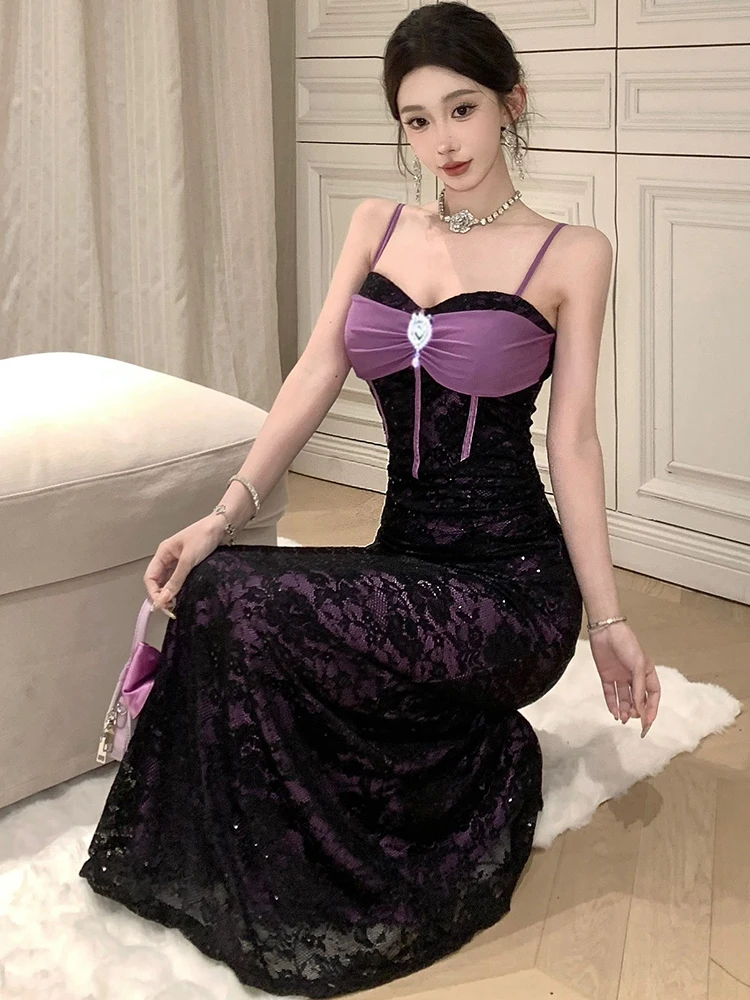 2025 schwarz Spitze Patchwork Lila Elegante Luxus Kleid Frauen Sexy Sling Prom Kleid Sommer Koreanische Vintage Bodycon Abendkleider