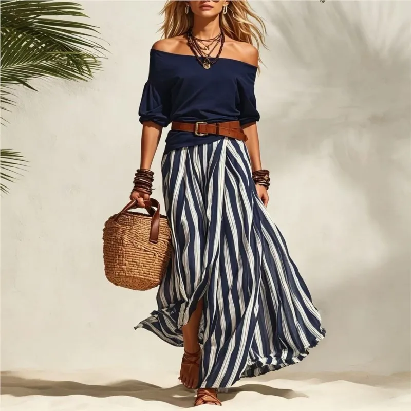 New Women Multiple Colors Off Shoulder Puff Sleeve Top Vertical Stripe Flowy Maxi Skirt 2 Piece Outfit Loose Casual Vacation Set