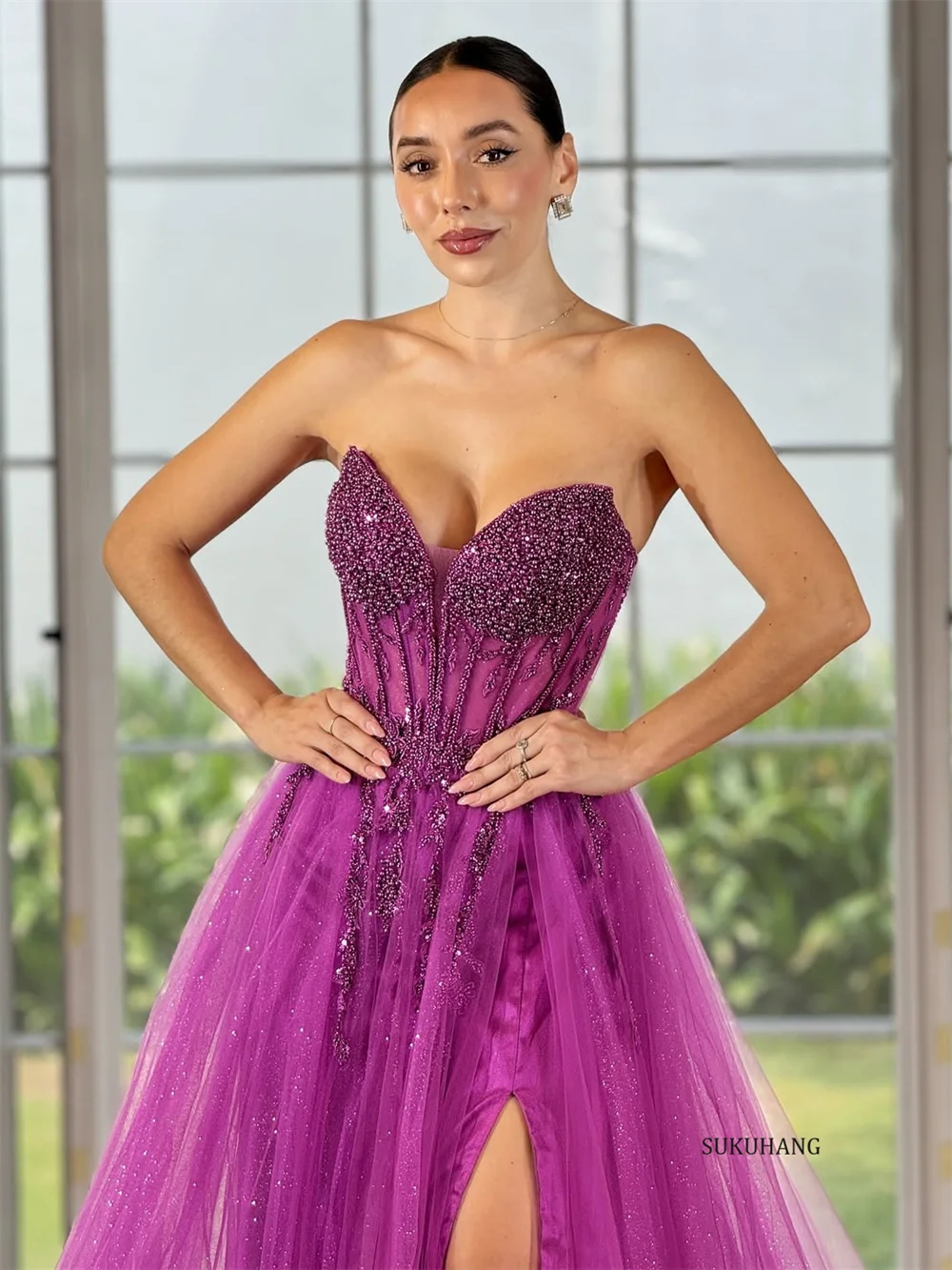 SUKUHANG فاخر دبي فوشيا تول فستان سهرة للنساء الزفاف قبالة الكتف المشاهير فستان حفلة الوهم مشد مخصص #3