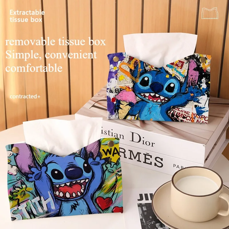 Graffiti Disney Stitch Tissue Box Home Living Room Car Tissue Box Leather Paper Tissue Box Creative Napkin Storage 2024New Style