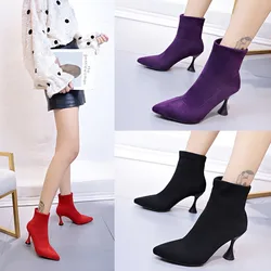 2022 New Fashion Women Ankle Boots Pointed Toe High Heel Stiletto Soft Suede Slip-on Boot Purple Black Red Cozy Botas Flock