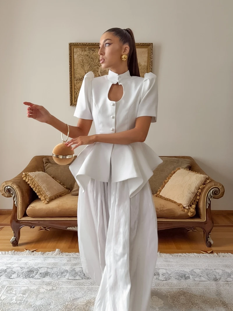 Elegant Solid Women's Short Puff Sleeve Coat Hollow out Waist-Closed Top Spring Summer Fashion Streetwear for Ladies 2026