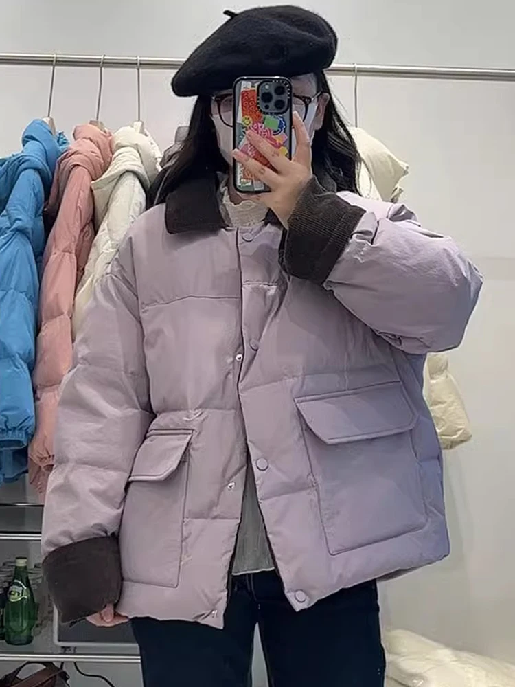 

Thickened Corduroy Doll Collar down Cotton Jacket Women Short Style Korean Version Purple Outerwear Spring New Arrival