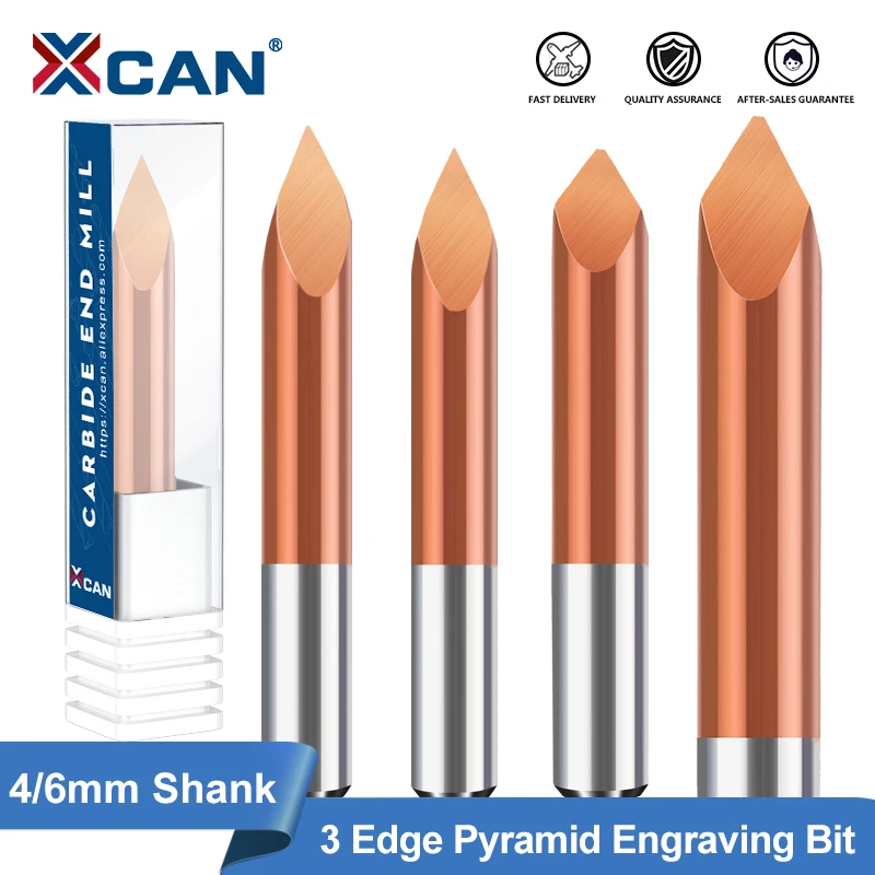 

XCAN 3D Milling Cutter 4mm 6mm Shank 3 Edge Pyramid Bit TICN Coated V Bit Carbide End Mill CNC Router Bit For Woodworking